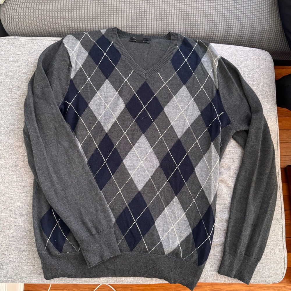 INC International Concepts Blue and Gray V-Neck Sweater with Argyle Pattern
